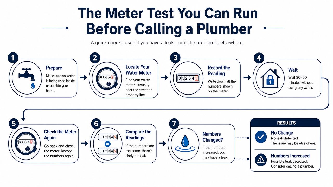 A step-by-step infographic titled The Meter Test You Can Run Before Calling a Plumber.