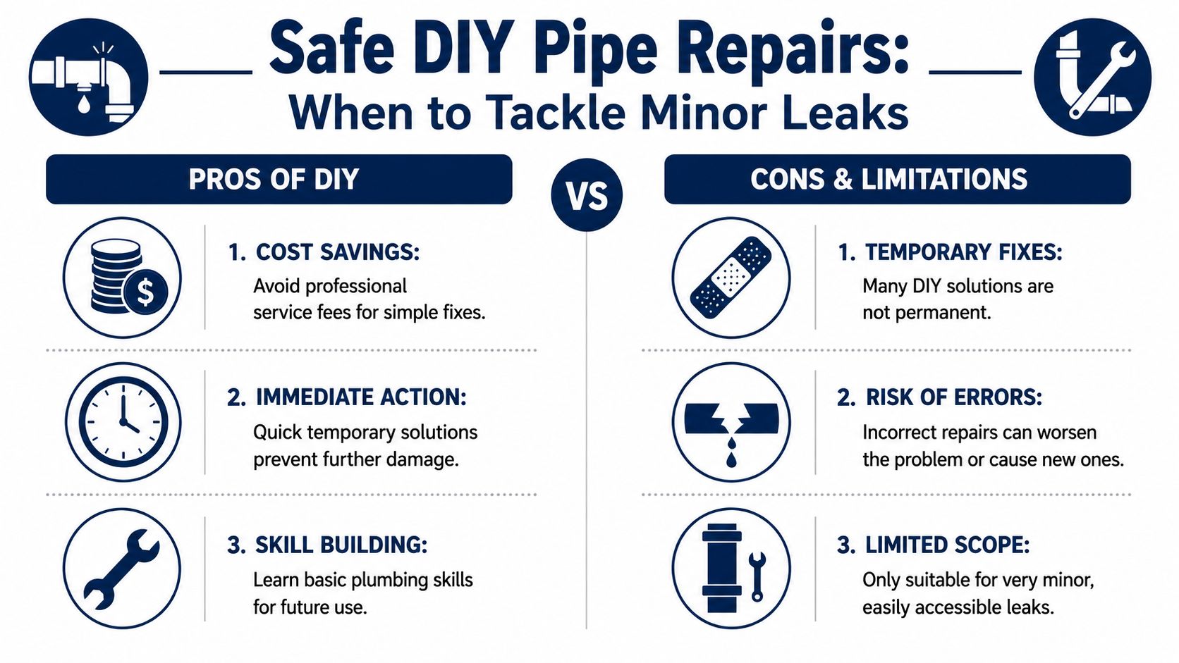An infographic comparing the pros and cons of performing DIY minor pipe repairs at home.