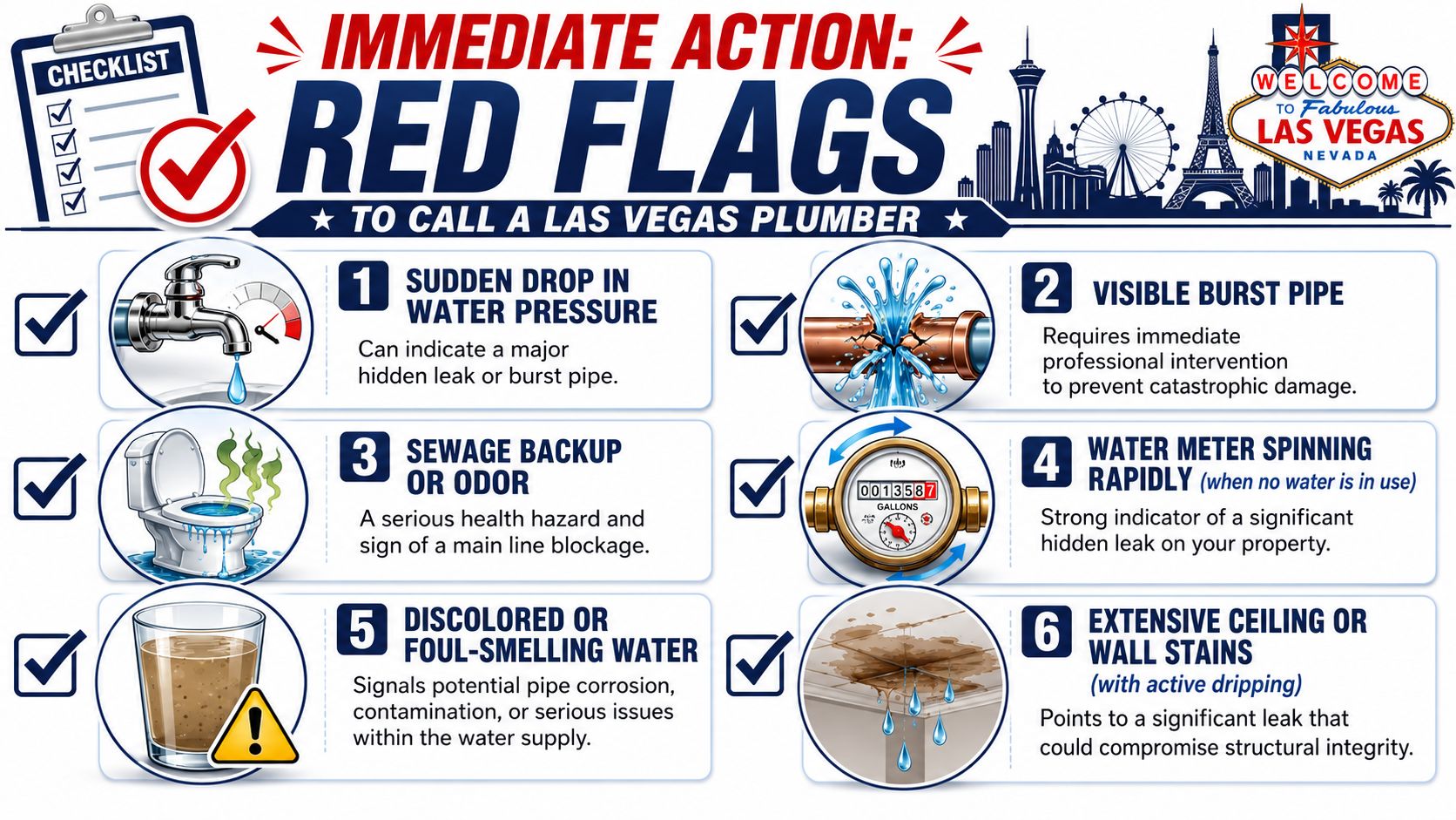 An infographic detailing six red flag plumbing issues in Las Vegas that require professional repair services.