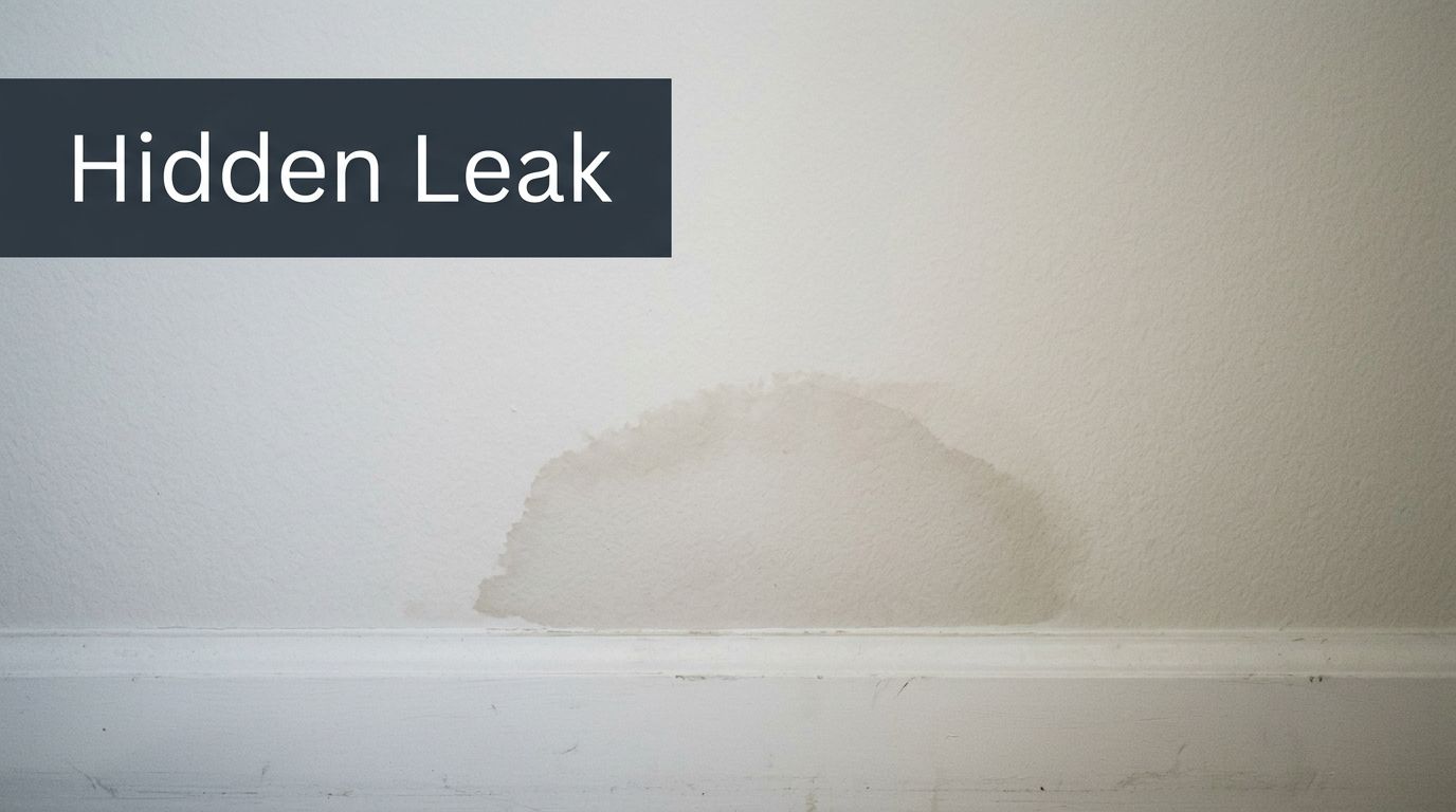 A water stain appearing on a white wall caused by a potential hidden plumbing leak.