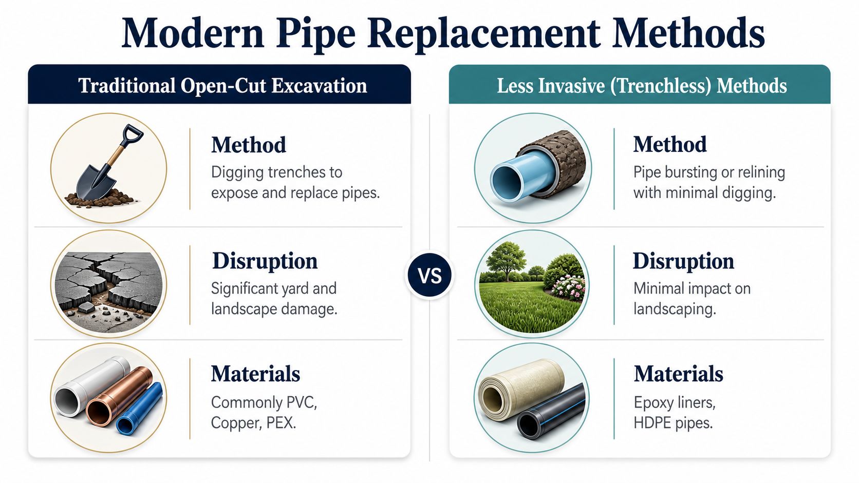 A comparison chart showing traditional open-cut excavation versus trenchless pipe replacement methods with descriptions of process and materials.