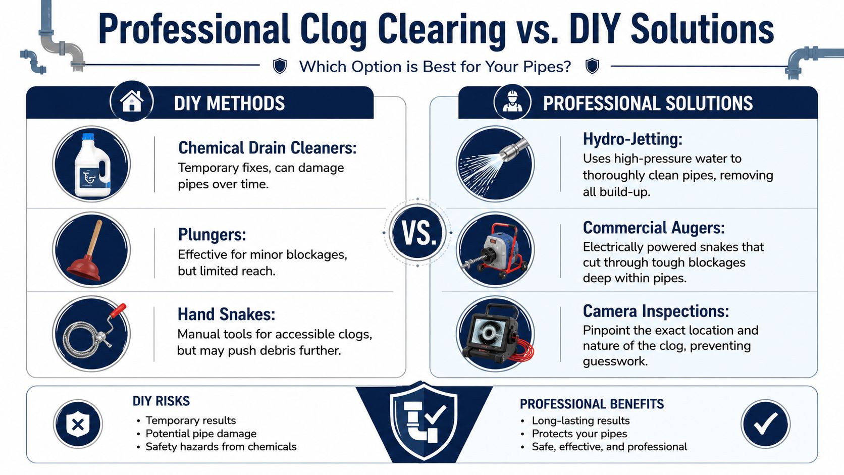 A comparison infographic between professional drain cleaning services and DIY methods for resolving residential plumbing clogs.
