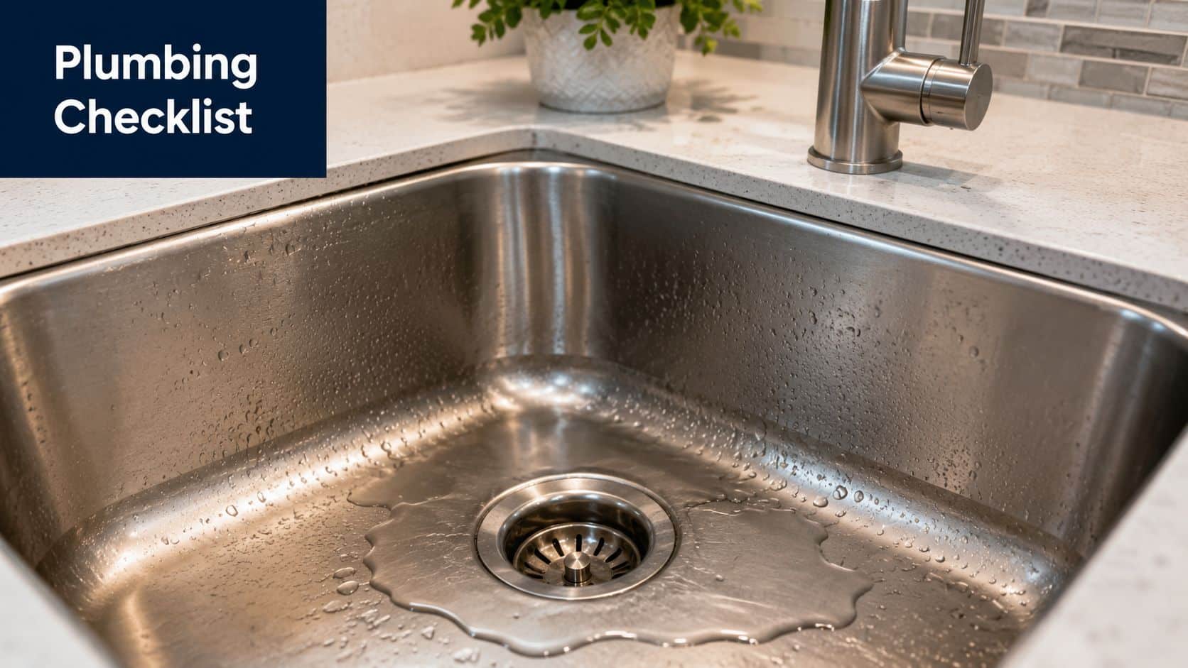 A stainless steel kitchen sink filled with water featuring a plumbing checklist graphic in the corner.