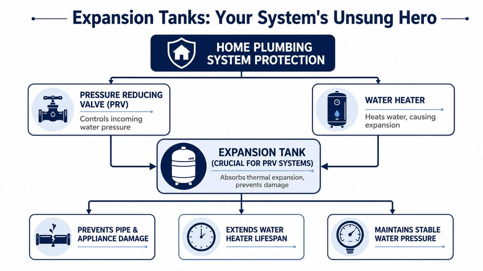 A diagram explaining how expansion tanks protect home plumbing systems by absorbing thermal expansion and pressure.