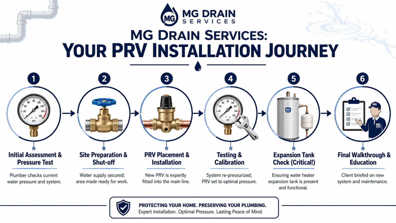 A professional infographic illustrating the six-step process for a plumbing PRV installation service by MG Drain Services.