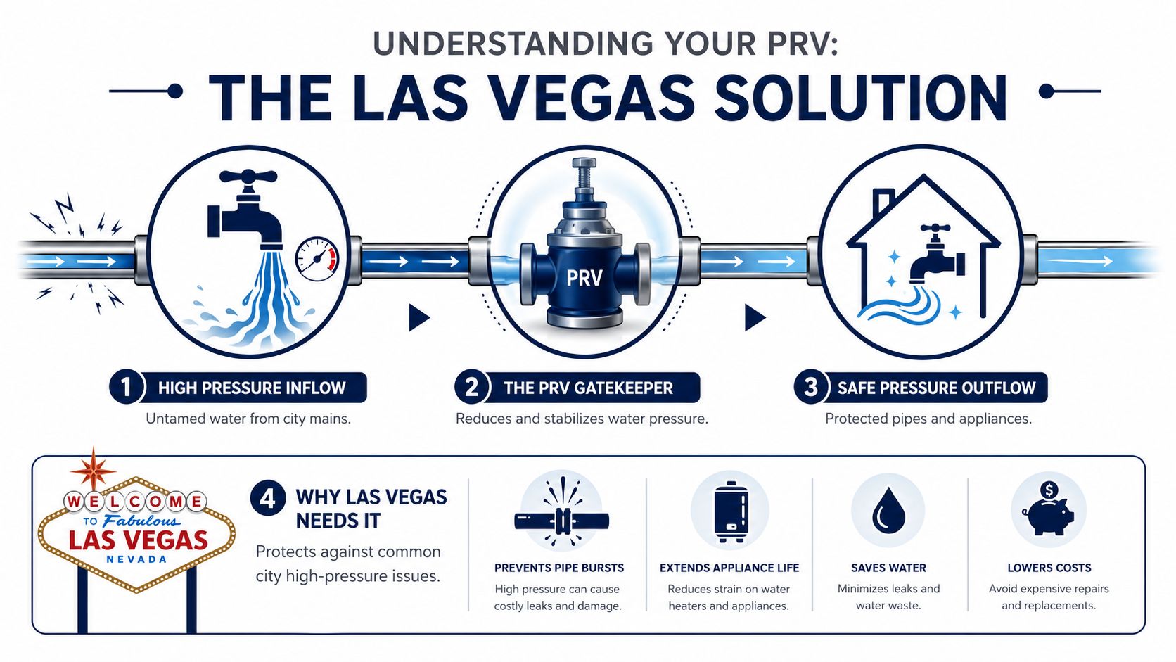 A diagram explaining how a pressure reducing valve protects residential pipes and appliances in Las Vegas homes.
