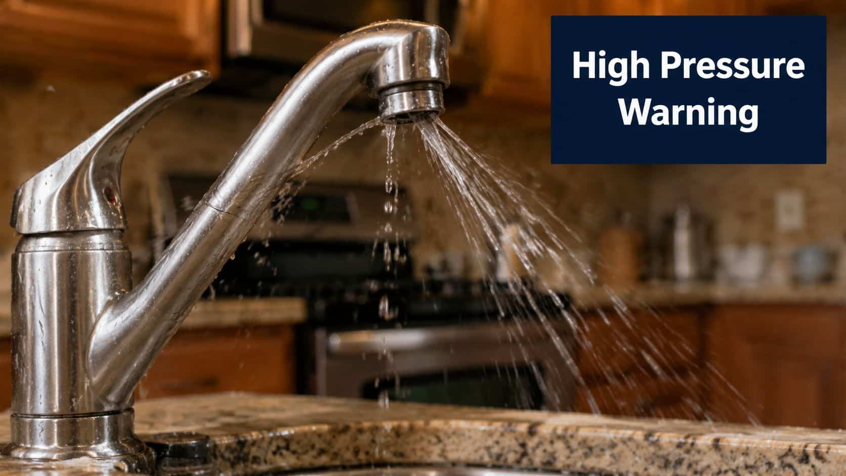 A close up view of a kitchen faucet spraying water with a high pressure warning sign.