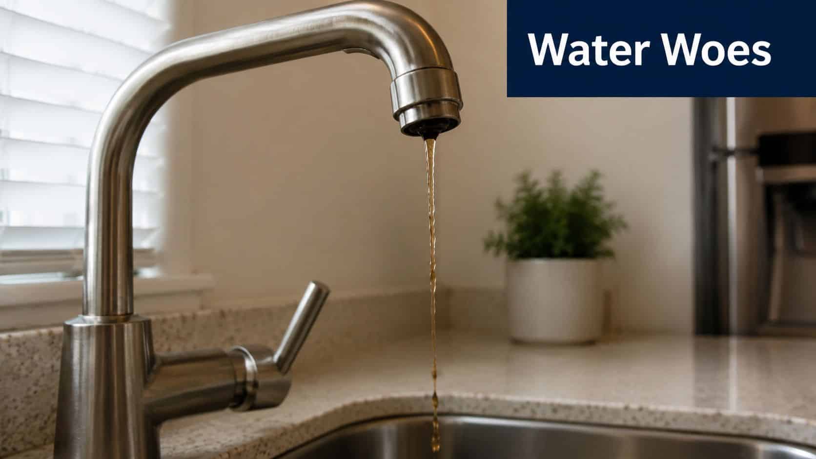 A stainless steel kitchen faucet dripping discolored brown contaminated tap water into a kitchen sink.
