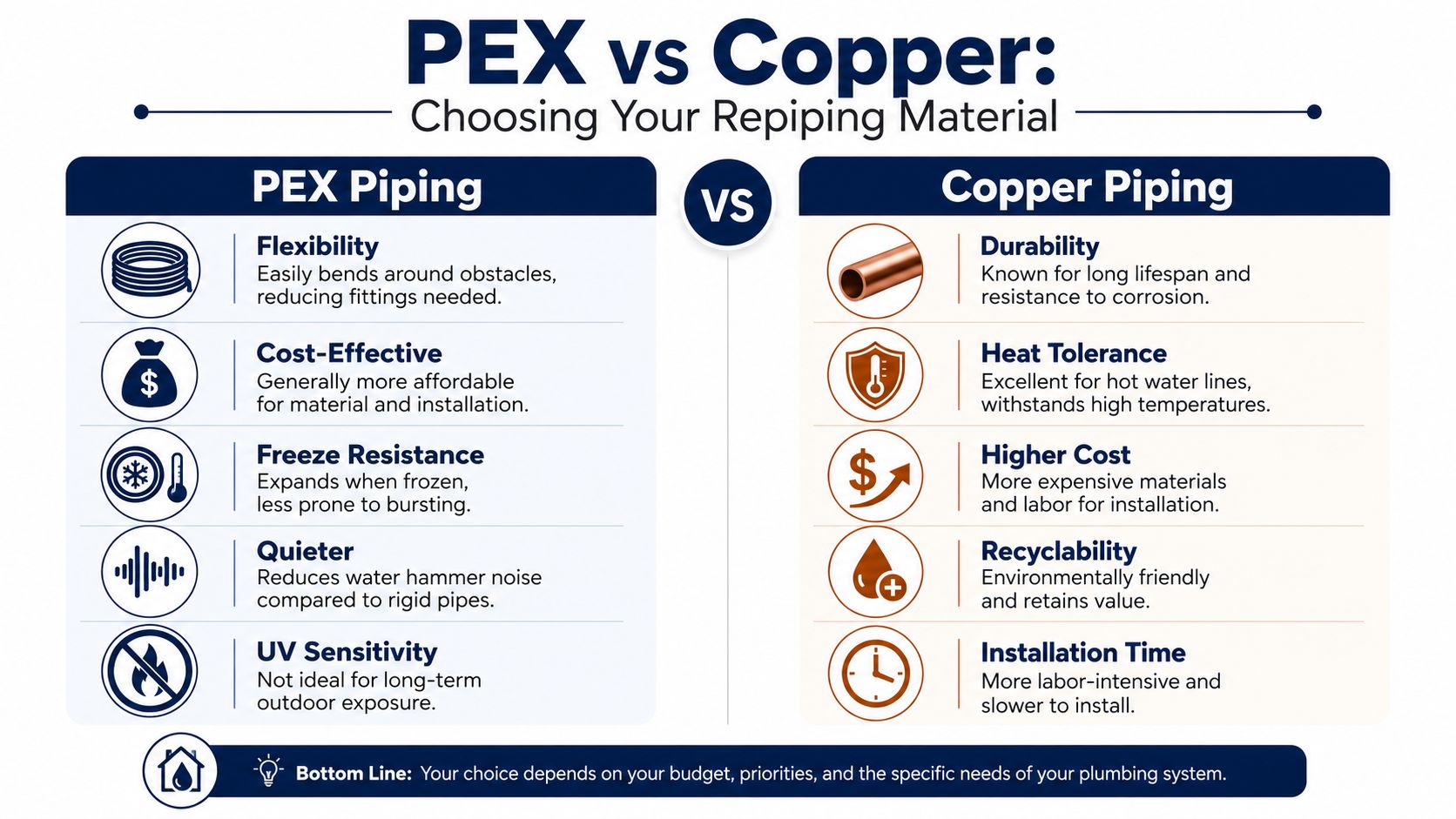 A comparison chart outlining the pros and cons of PEX versus copper piping for home repiping projects.