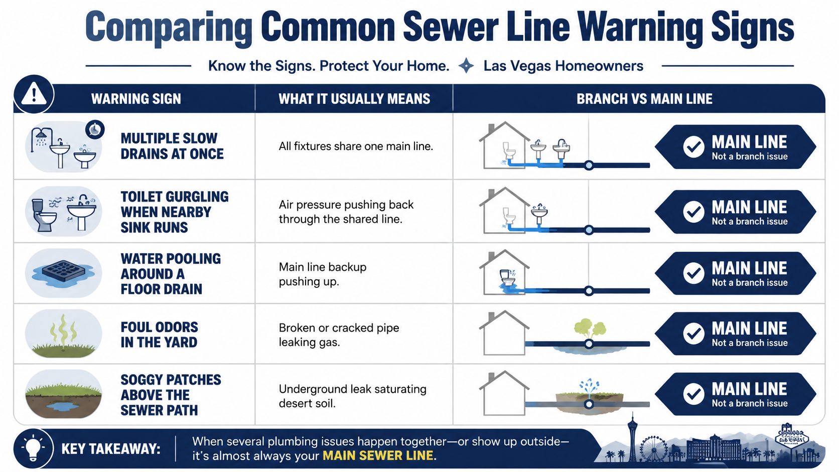 An infographic showing five common warning signs of a failing main sewer line for Las Vegas homeowners.