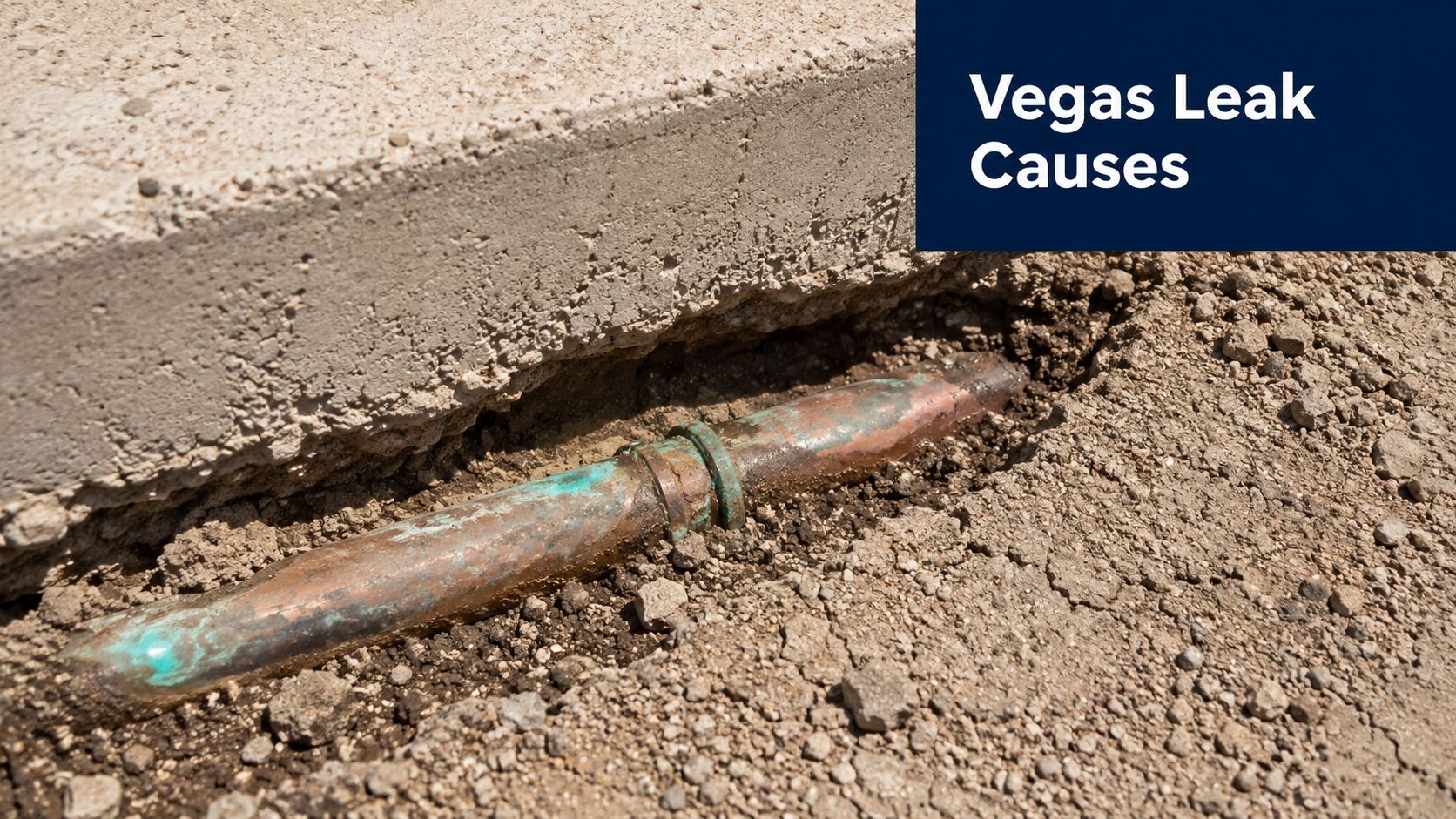 A corroded copper plumbing pipe visible in a trench under a broken concrete slab foundation in Las Vegas.
