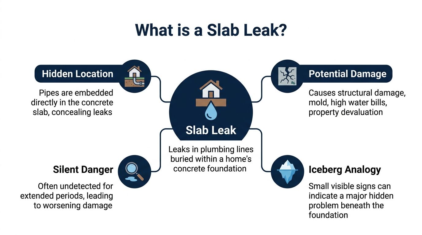 An infographic titled What is a Slab Leak, explaining hidden plumbing leaks in a home's foundation.