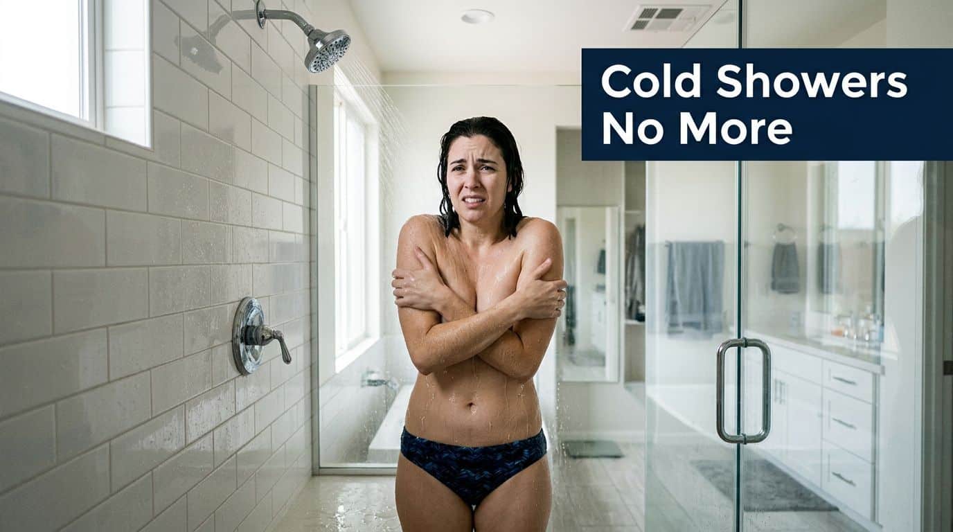 A woman feeling cold while taking a shower in a modern bathroom, experiencing water heater issues.