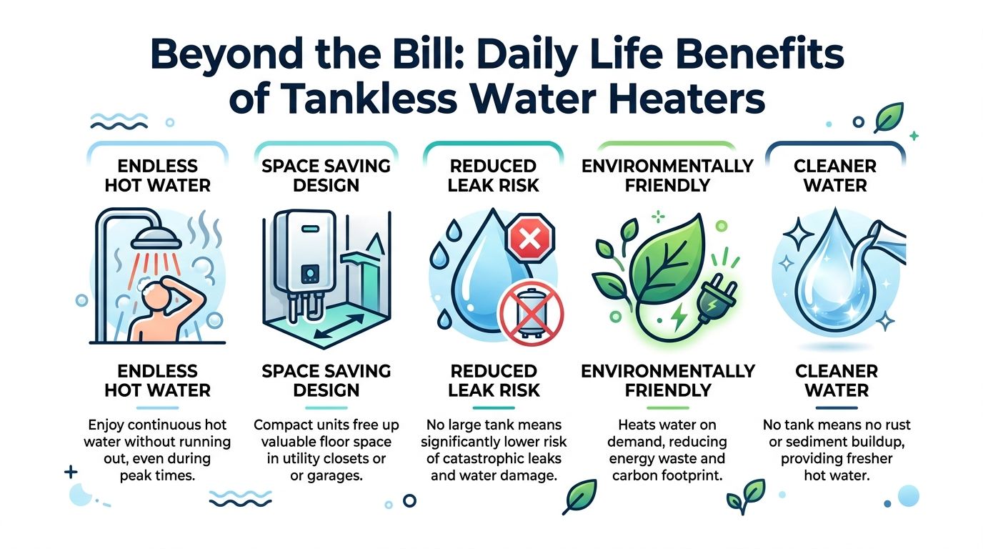 An infographic illustrating five key daily life benefits of installing a tankless water heater at home.