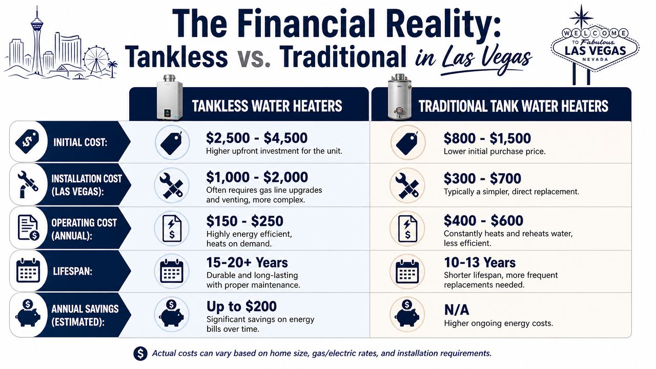 A comparison chart showing the costs and lifespan of tankless versus traditional water heaters in Las Vegas.
