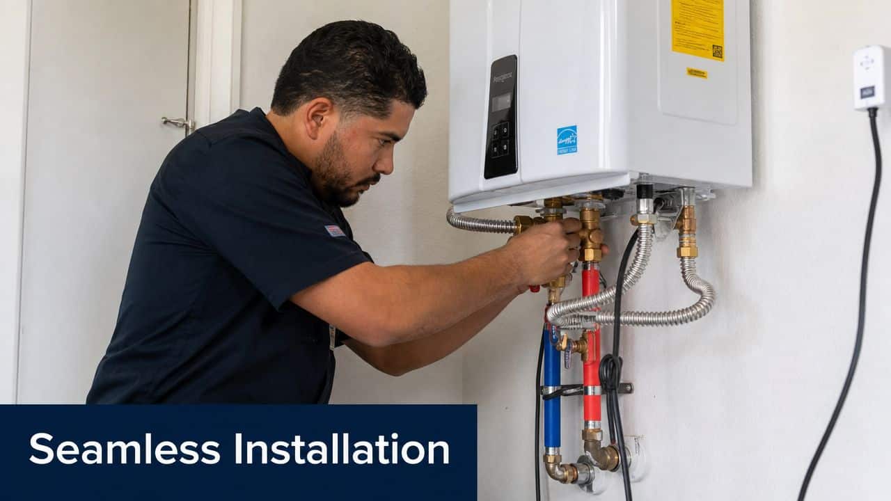 A professional technician carefully installing a white tankless water heater on a clean, light-colored wall.