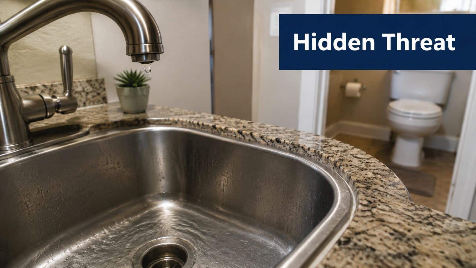 A stainless steel bathroom sink and faucet next to a doorway leading to a residential toilet.