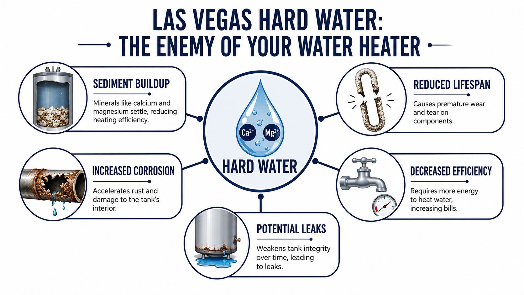 An infographic detailing how hard water causes damage, corrosion, and efficiency loss in Las Vegas water heaters.