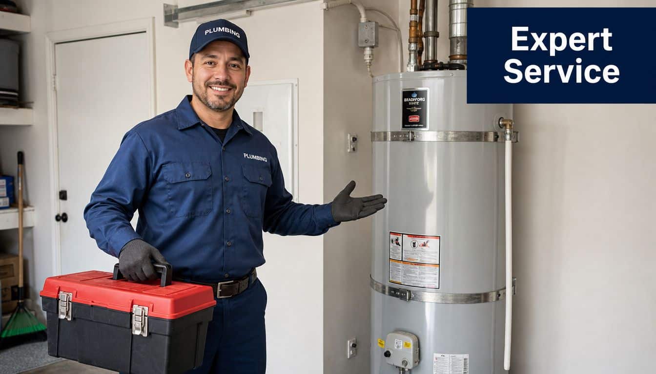 A professional plumber in a uniform pointing to a residential water heater while holding a toolbox.