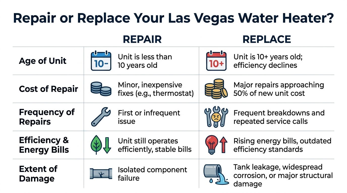 A comparison chart in Las Vegas helping homeowners decide whether to repair or replace their water heater.