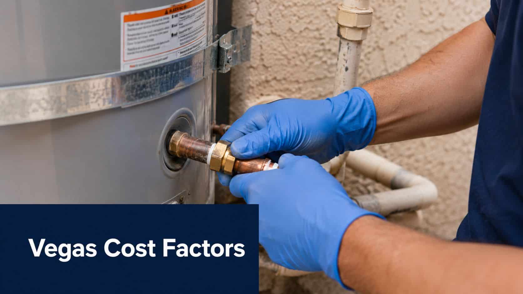 A professional technician wearing blue gloves performing a water heater repair or installation in Las Vegas.