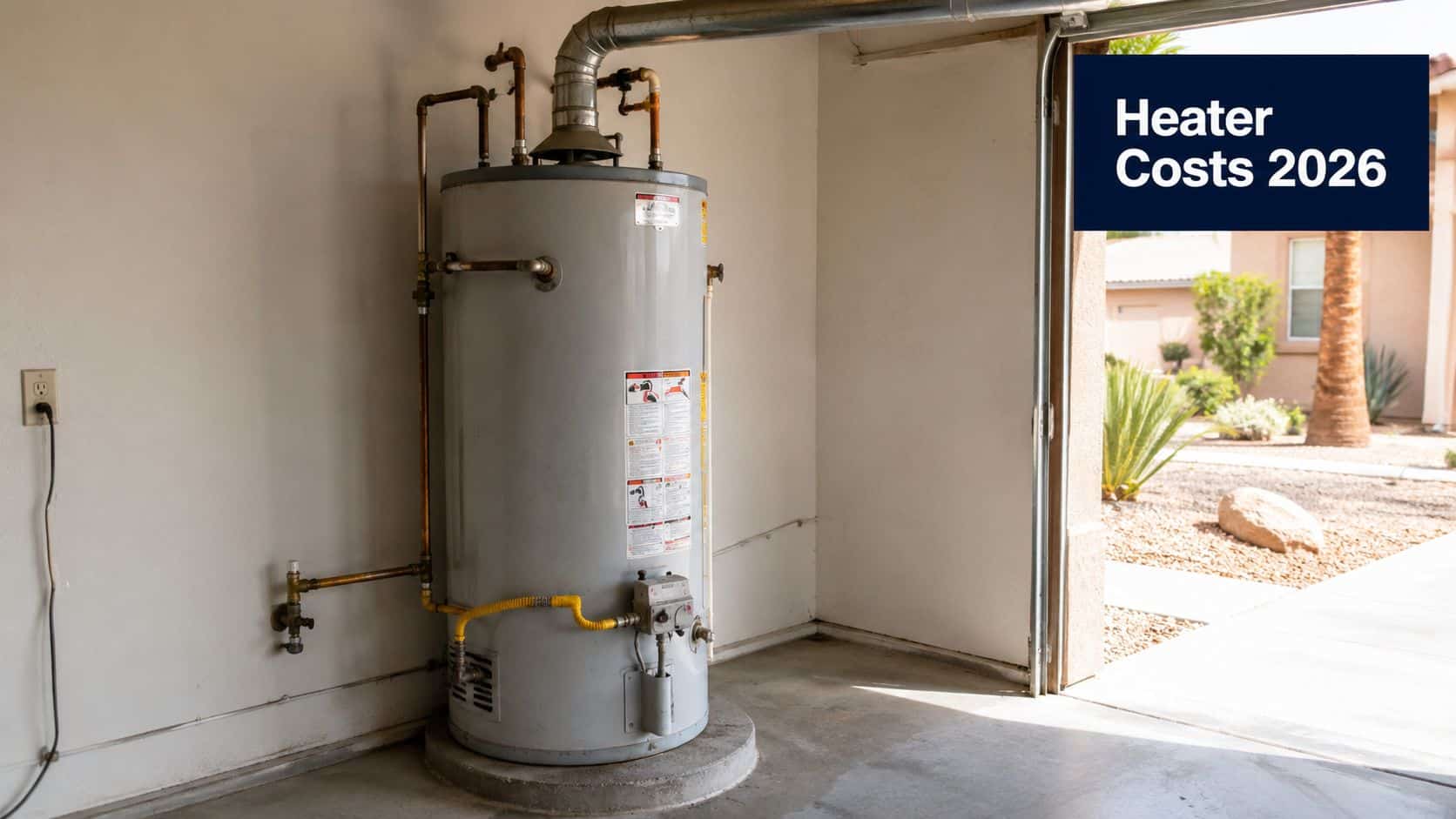 A standard residential gas water heater installed in a garage next to an open doorway.