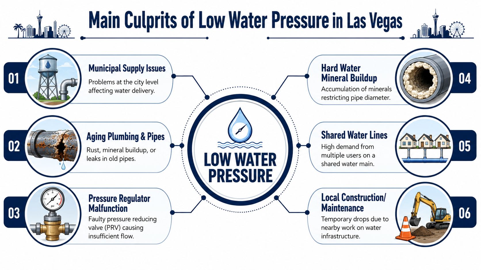 An infographic titled Main Culprits of Low Water Pressure in Las Vegas showing six common water issues.
