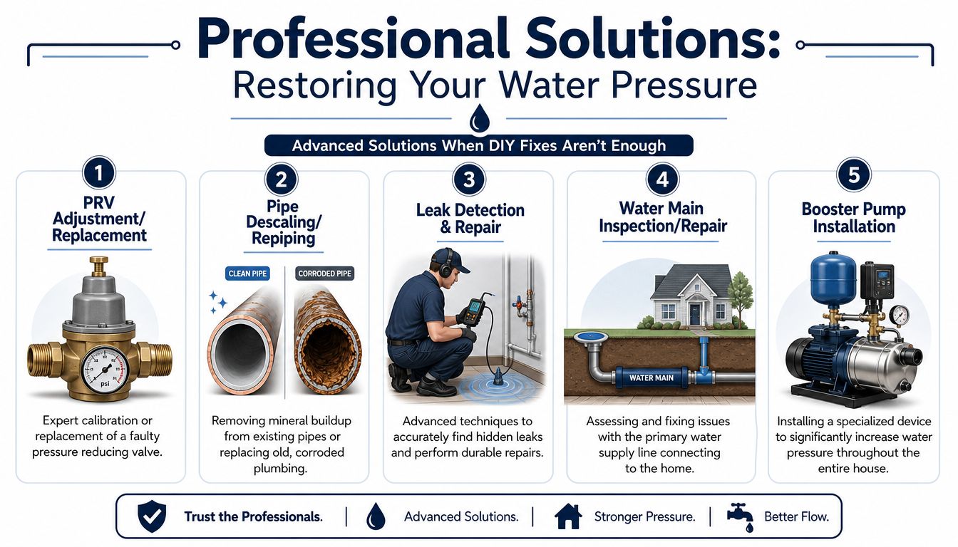 An infographic showing five professional plumbing solutions to fix low water pressure in a residential home.