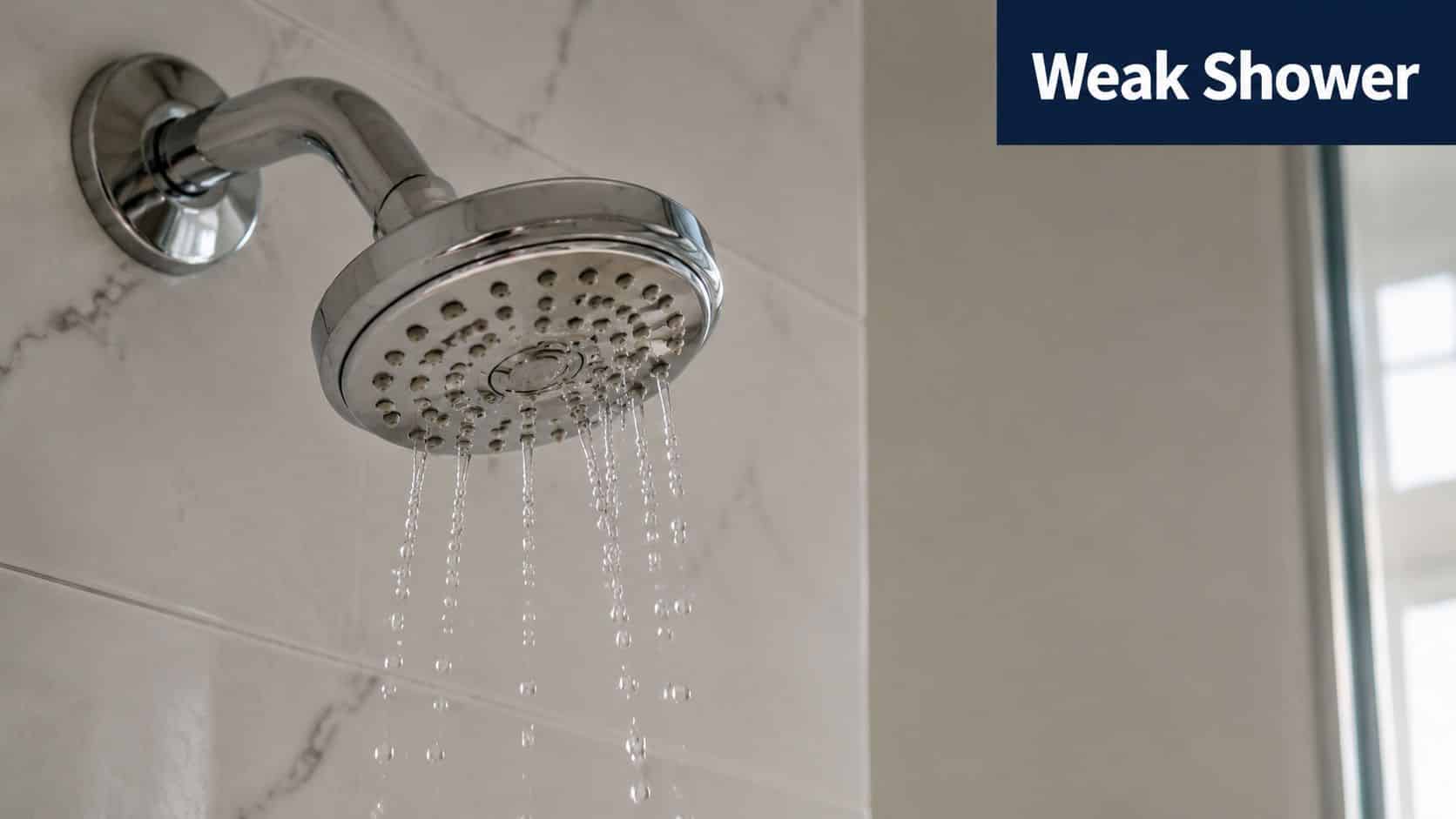 A chrome shower head mounted on marble bathroom tiles with very low water flow and weak pressure.