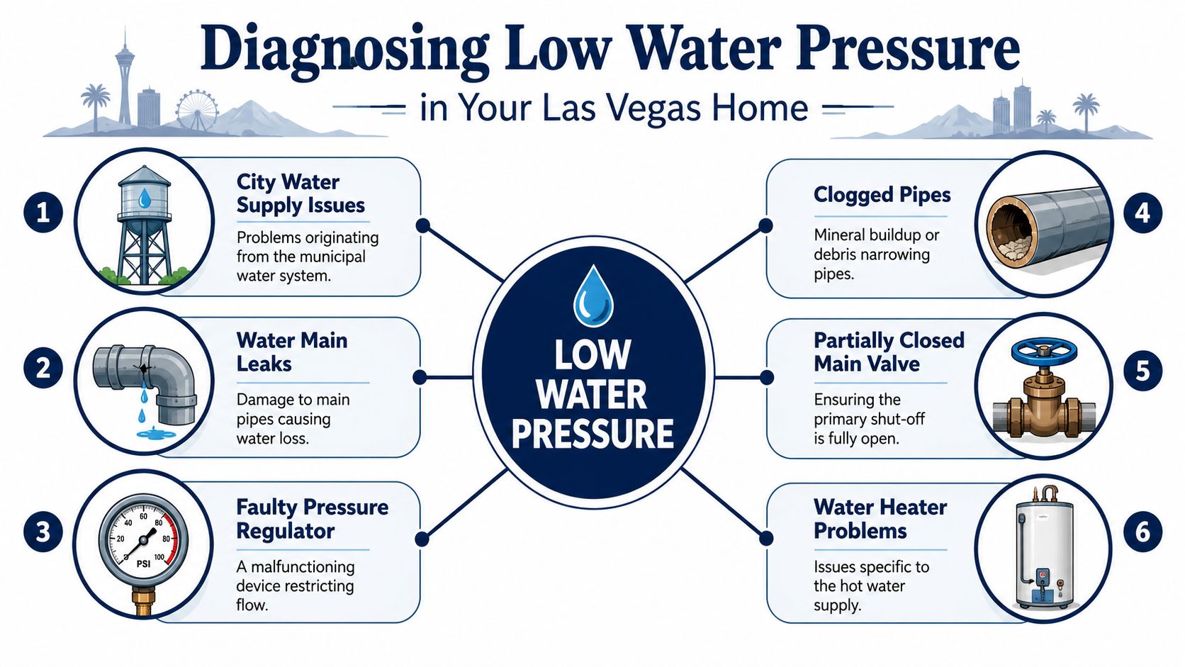 An infographic titled Diagnosing Low Water Pressure in Your Las Vegas Home displaying six common causes.