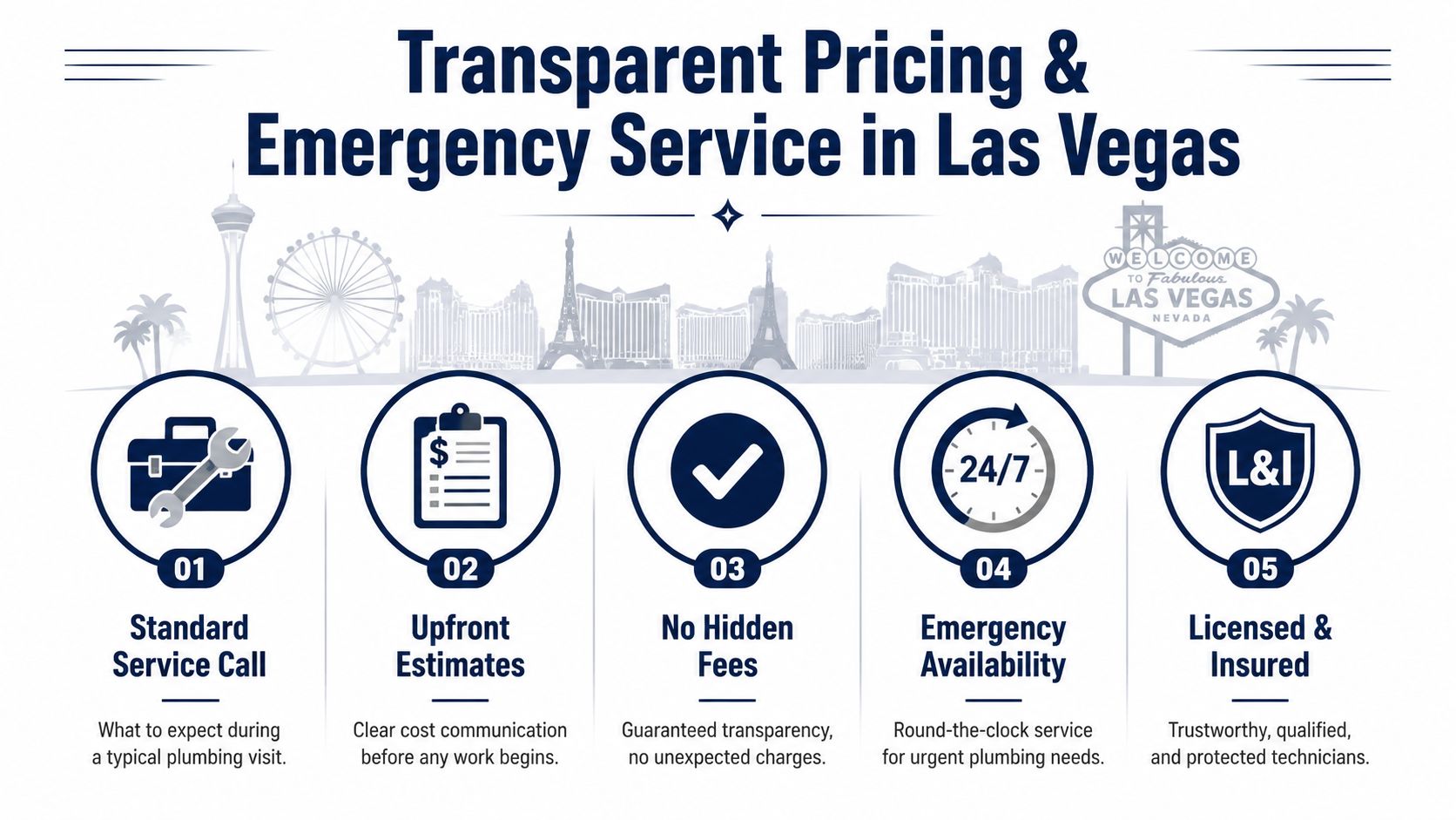 A graphic showing five key features for plumbing services in Las Vegas including transparent pricing and availability.