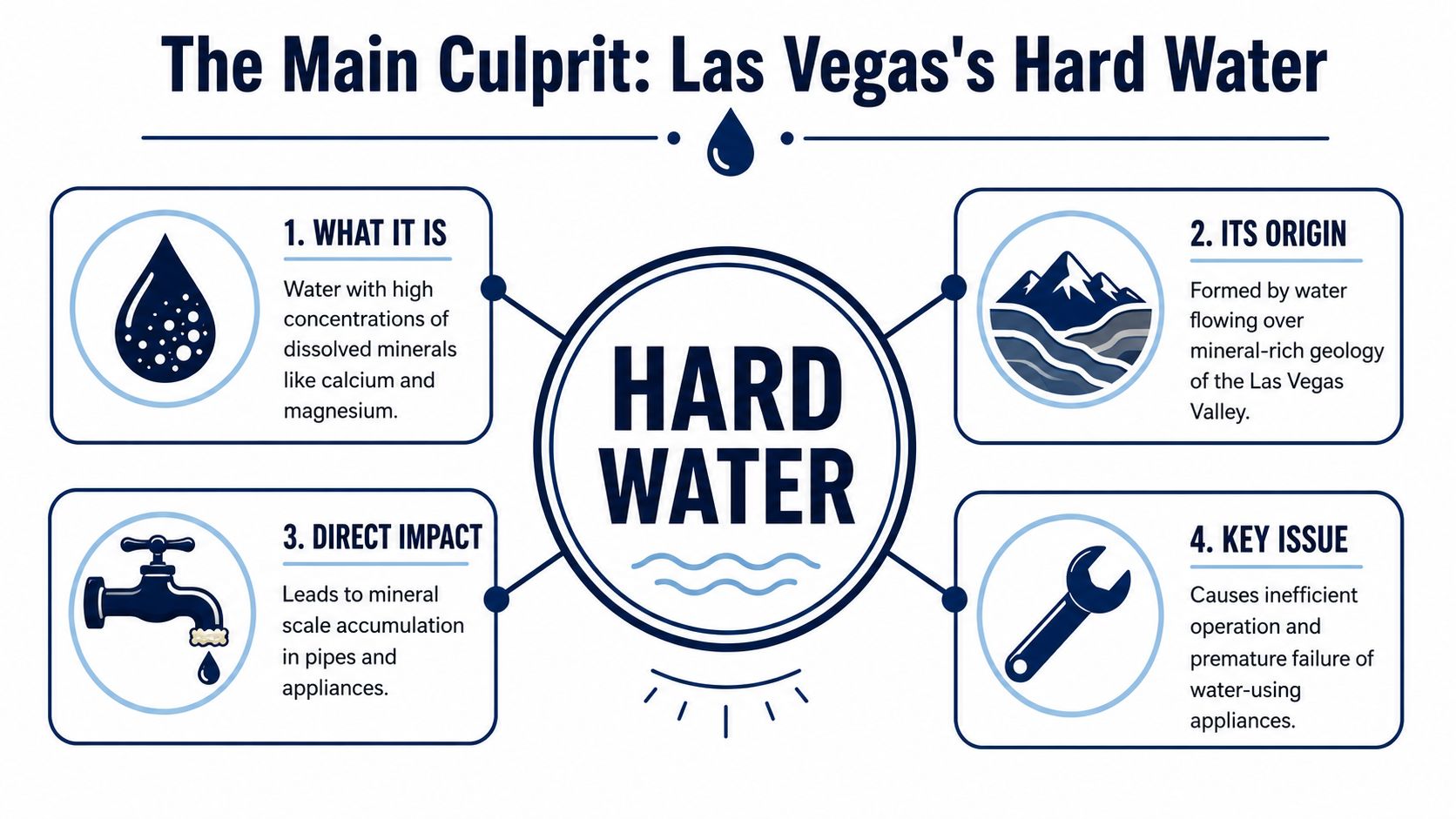 An infographic titled The Main Culprit: Las Vegas's Hard Water detailing its definition, geological origin, and appliance impact.