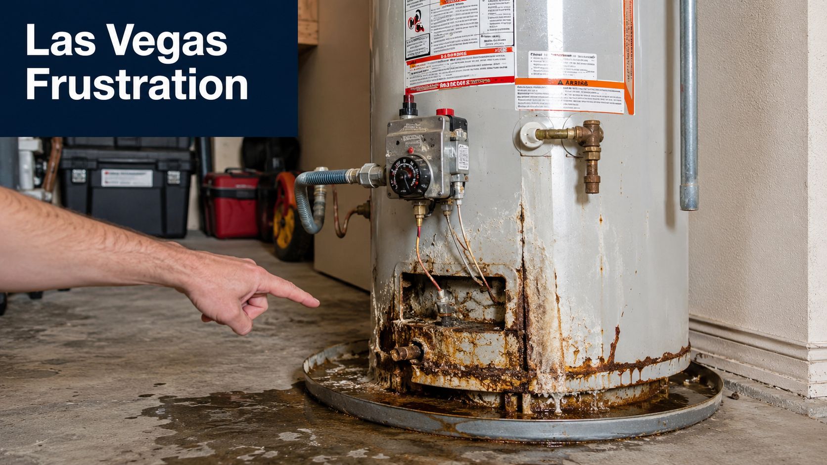 A person points at a leaking, heavily rusted water heater sitting in a metal catch pan.