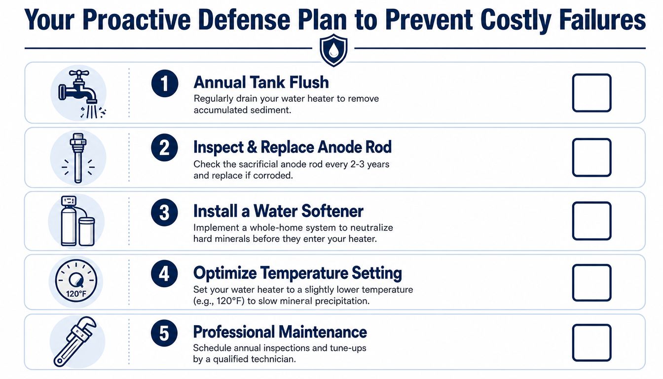An infographic showing five proactive steps for water heater maintenance to prevent costly system failures.