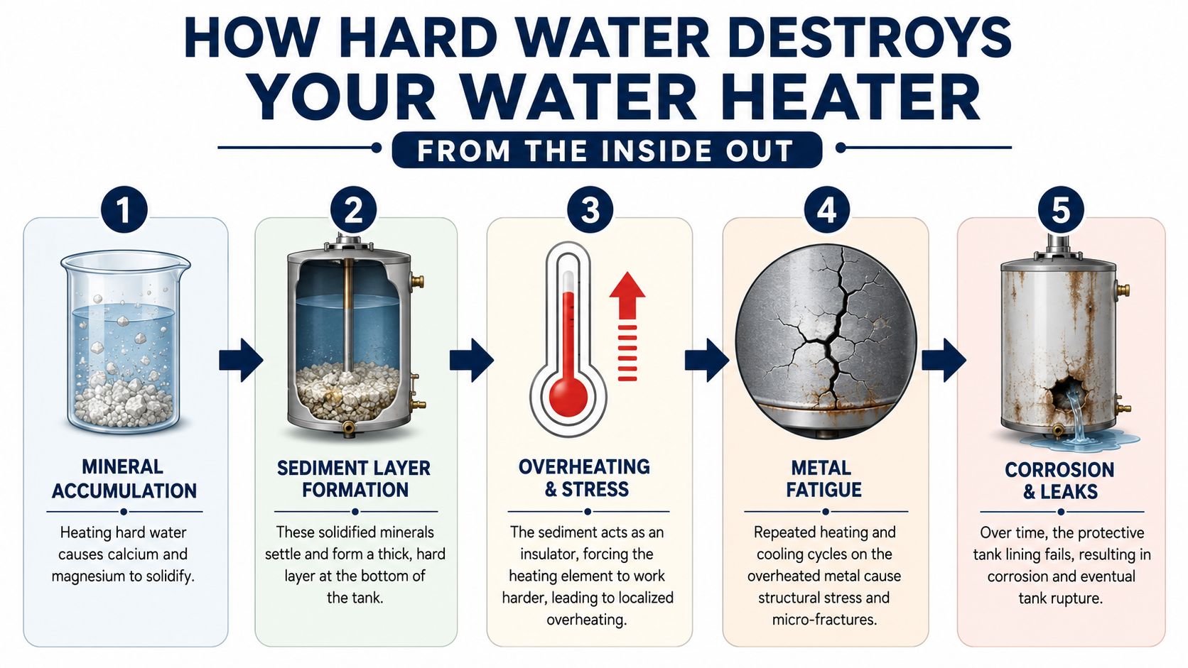 A five-step infographic showing how hard water sediment buildup leads to water heater corrosion and leaks.