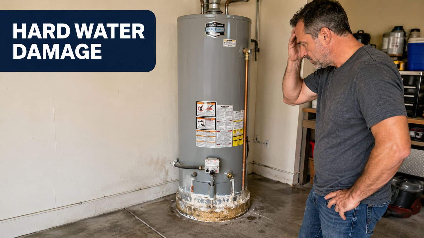 A concerned man looking at his water heater which shows signs of heavy mineral buildup and damage.