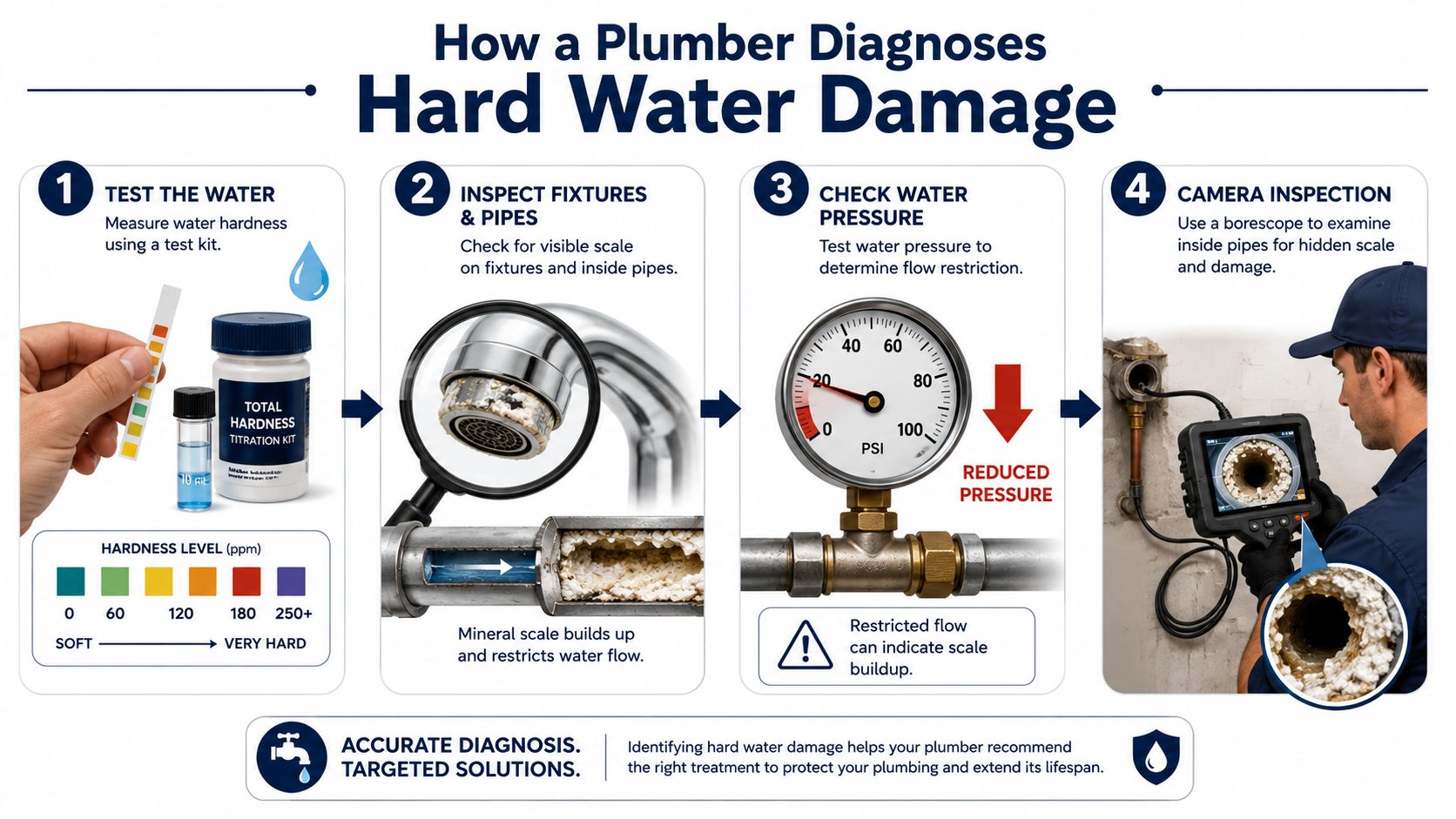 A step-by-step infographic showing how professional plumbers diagnose hard water damage in residential plumbing systems.