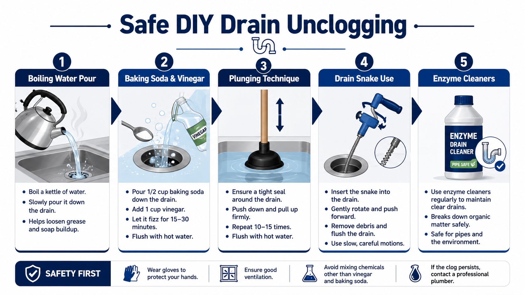A step-by-step infographic illustrating five safe and effective DIY methods for unclogging household drains.