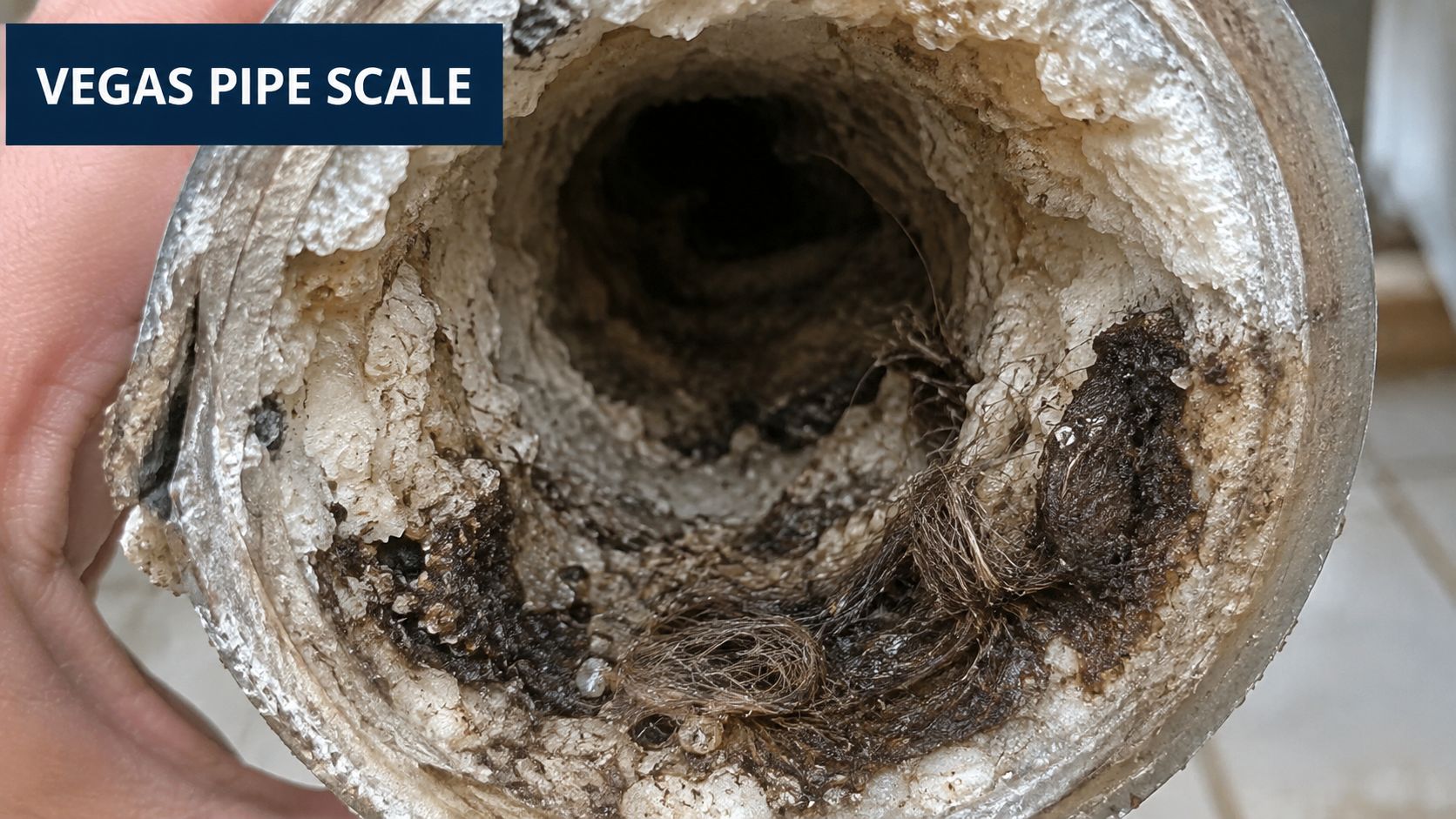 A close-up view of a severely clogged pipe in Las Vegas showing mineral scale and debris.