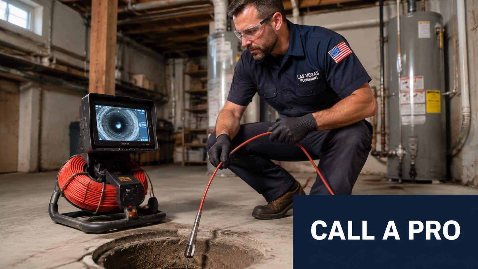 A professional plumber from Las Vegas performing a specialized video sewer inspection using an industrial camera system.