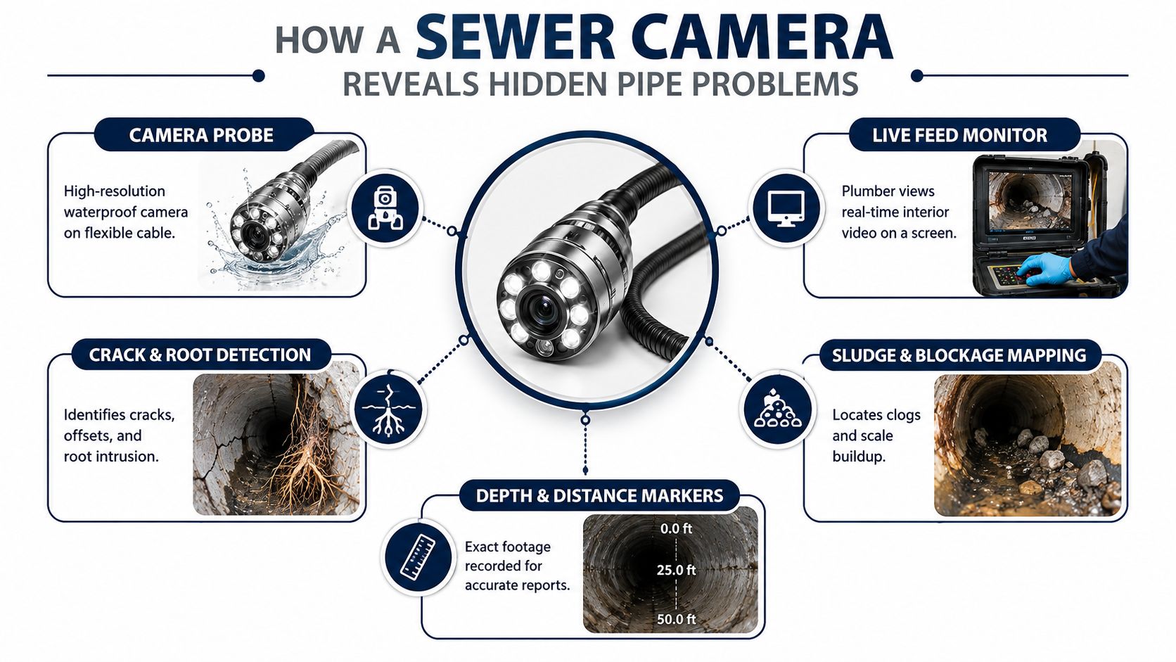 A descriptive infographic showing how a sewer camera inspection identifies pipe problems like cracks, roots, and blockages.