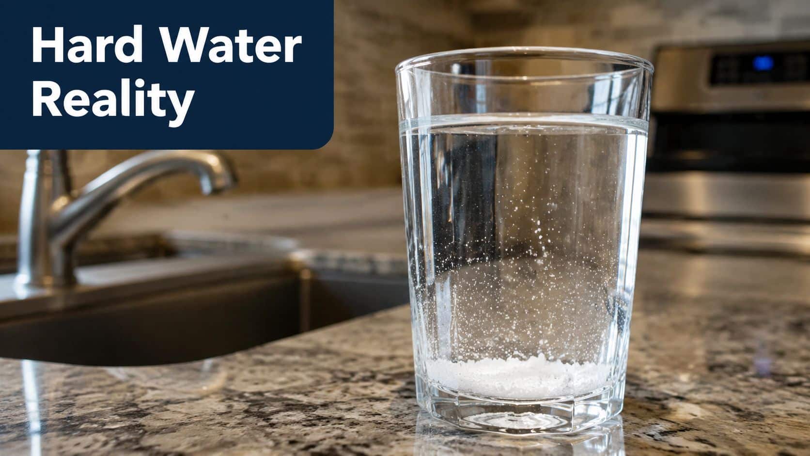 A glass of water containing visible white mineral sediment on a granite countertop in a kitchen.