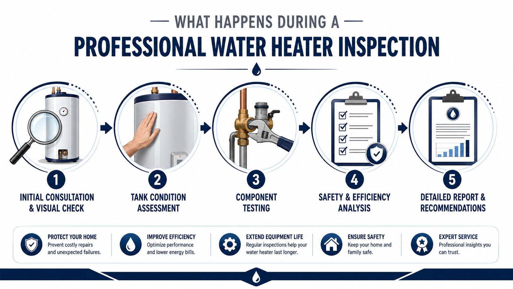 An infographic showing the five-step professional water heater inspection process, from initial visual checks to final recommendations.