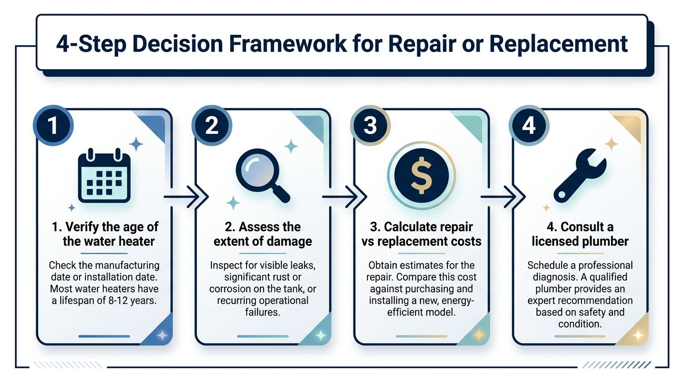 A four-step decision framework guide on choosing between repairing or replacing a household water heater.