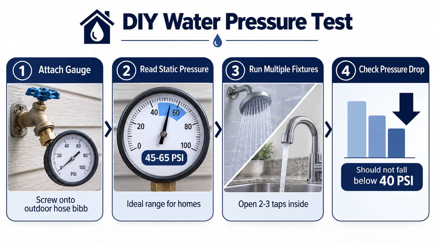 A four-step infographic illustrating how to conduct a DIY water pressure test for a residential home.