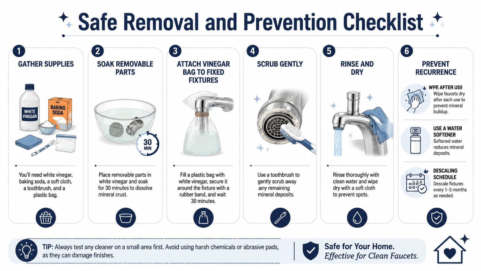 A six-step checklist for safely removing mineral buildup and crust from bathroom or kitchen sink faucets.