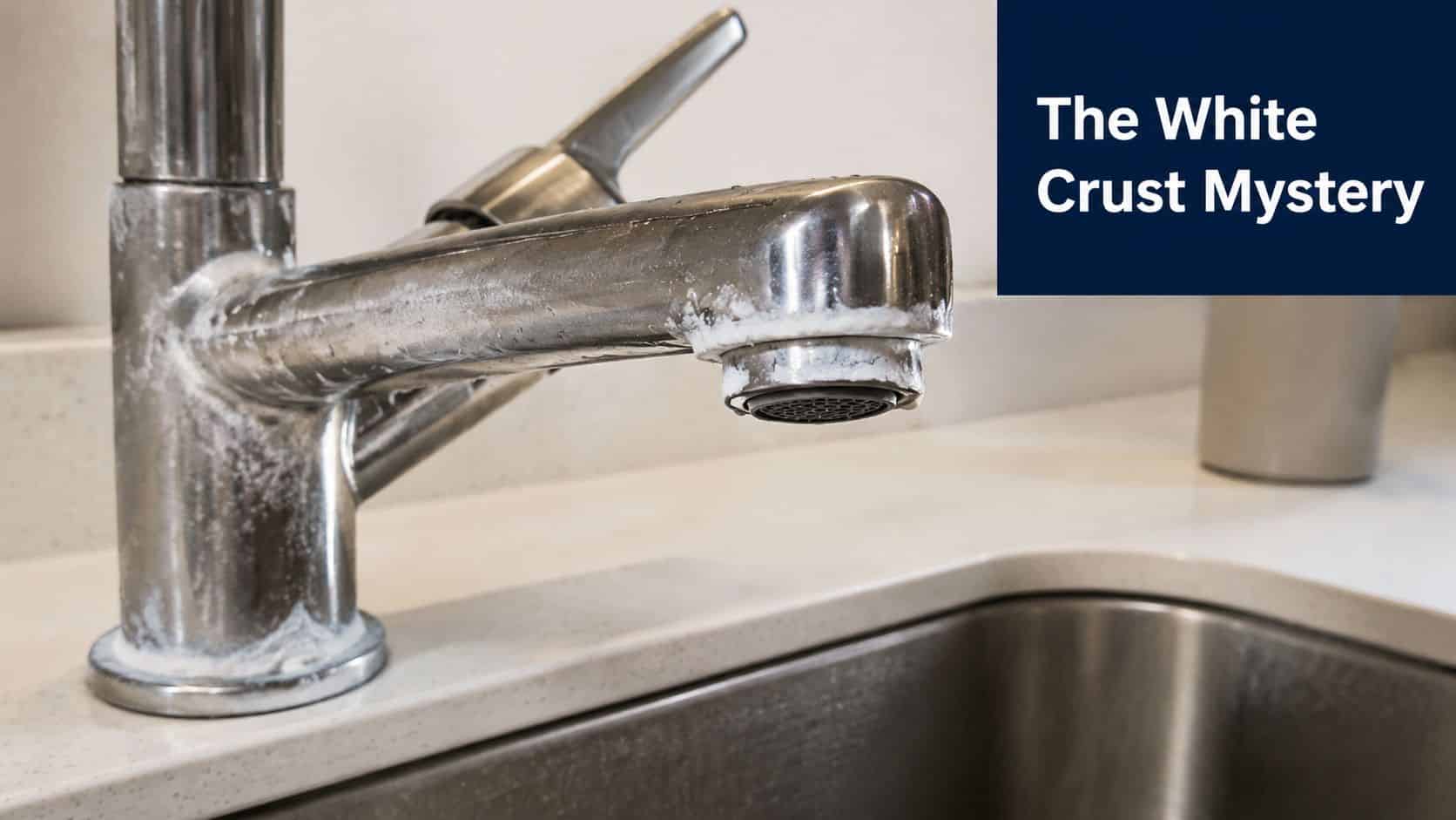 A close-up view of a metal kitchen faucet showing significant white mineral crust buildup around the base and aerator.