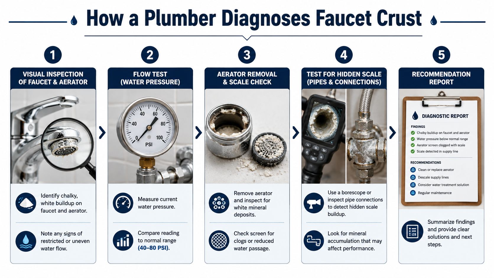 A five-step infographic showing how a professional plumber diagnoses and treats white mineral crust buildup on faucets.