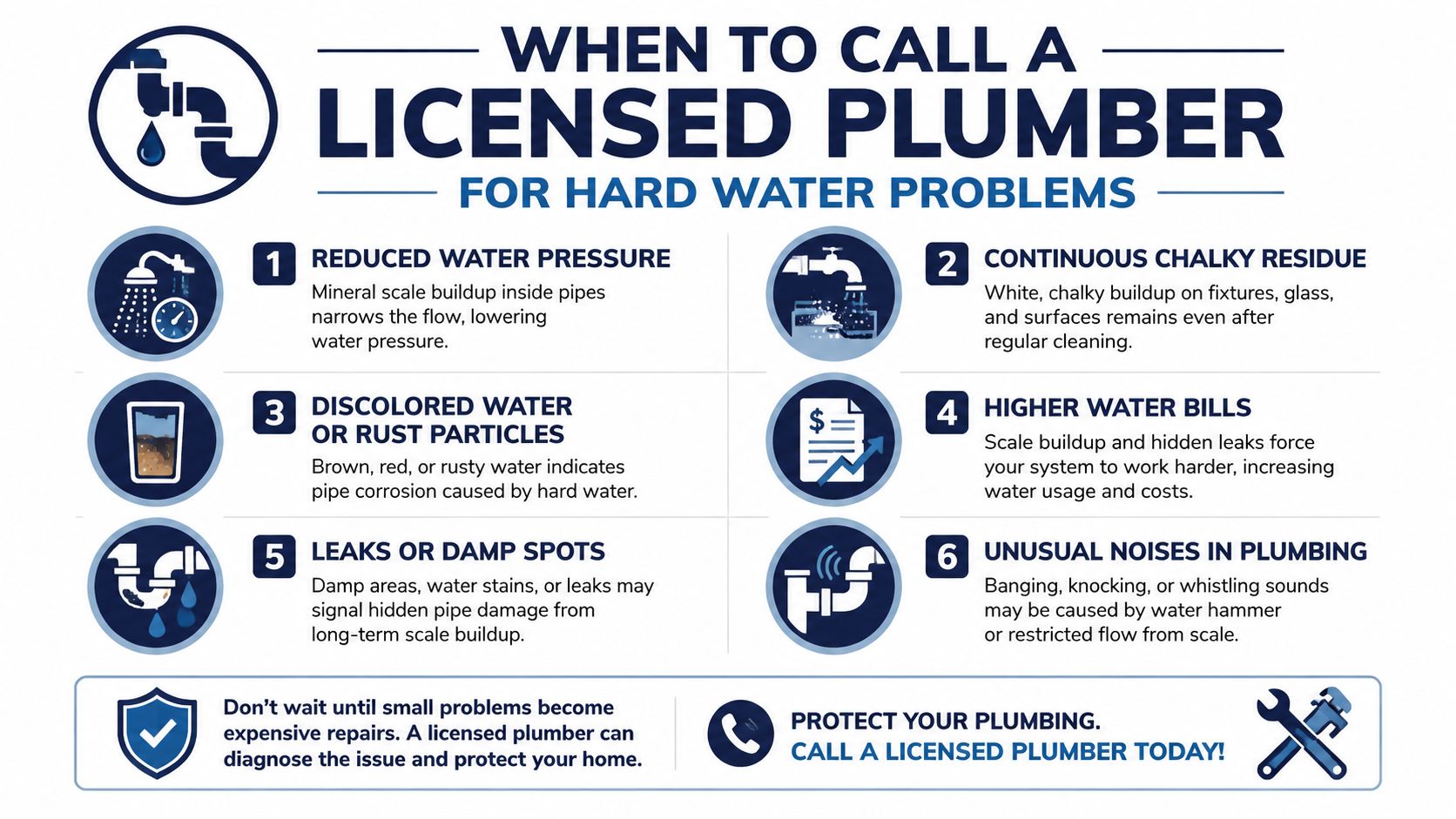 An infographic showing six warning signs that indicate you should hire a professional plumber for hard water issues.
