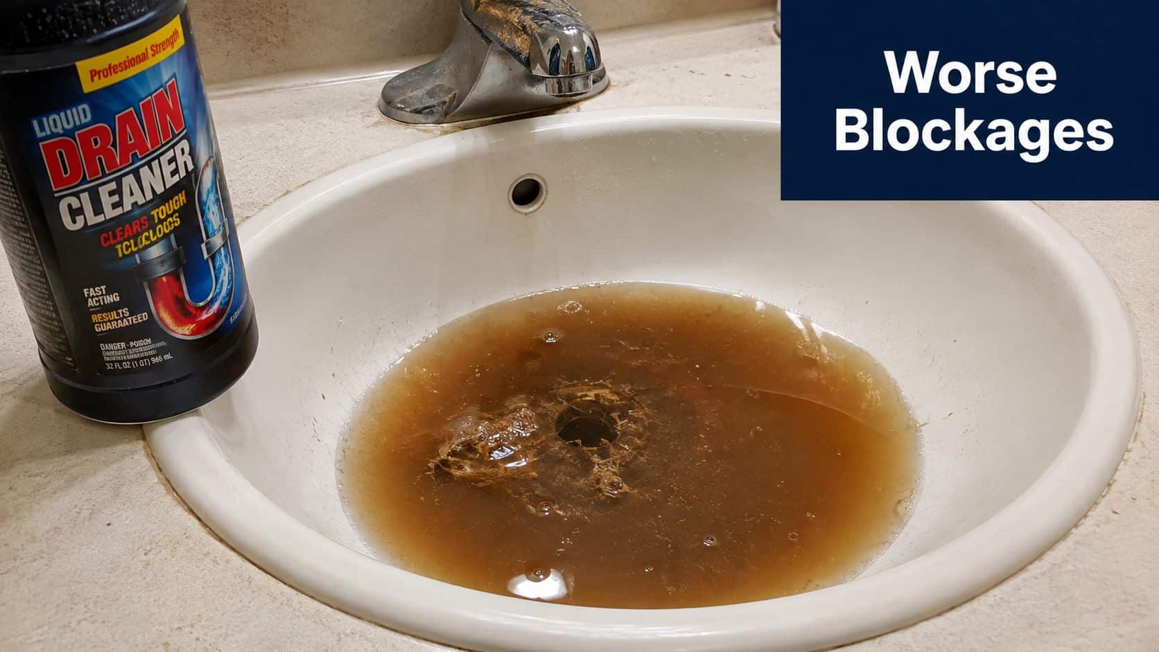 A clogged bathroom sink filled with murky brown water next to a bottle of liquid drain cleaner.